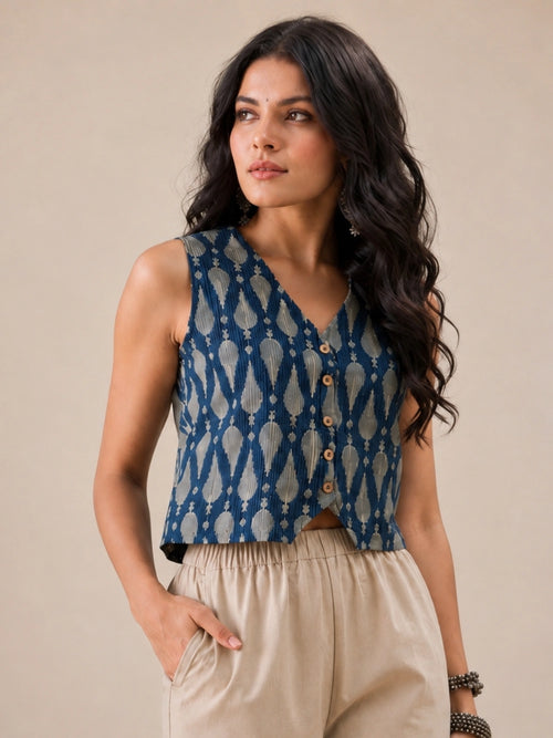 Women's Blue Ikat Printed Sleeveless V-Neck Button Front Waistcoat Style Top | Regular Fit | Casual, Office & Everyday Wear