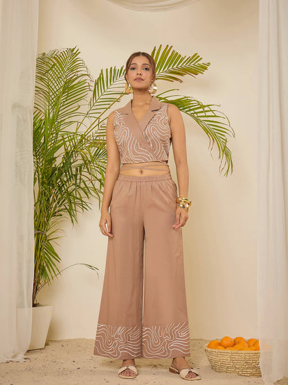 Brown Cotton Embroidered Wrap Top Co-ord Set