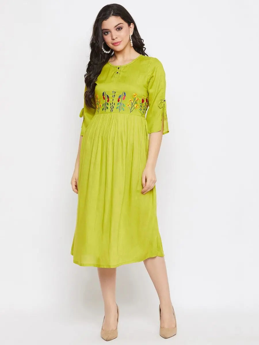 winered-green-gathered-rayon-embroidered-dress