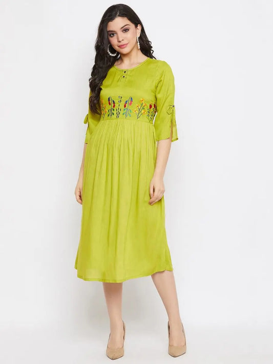 winered-green-gathered-rayon-embroidered-dress