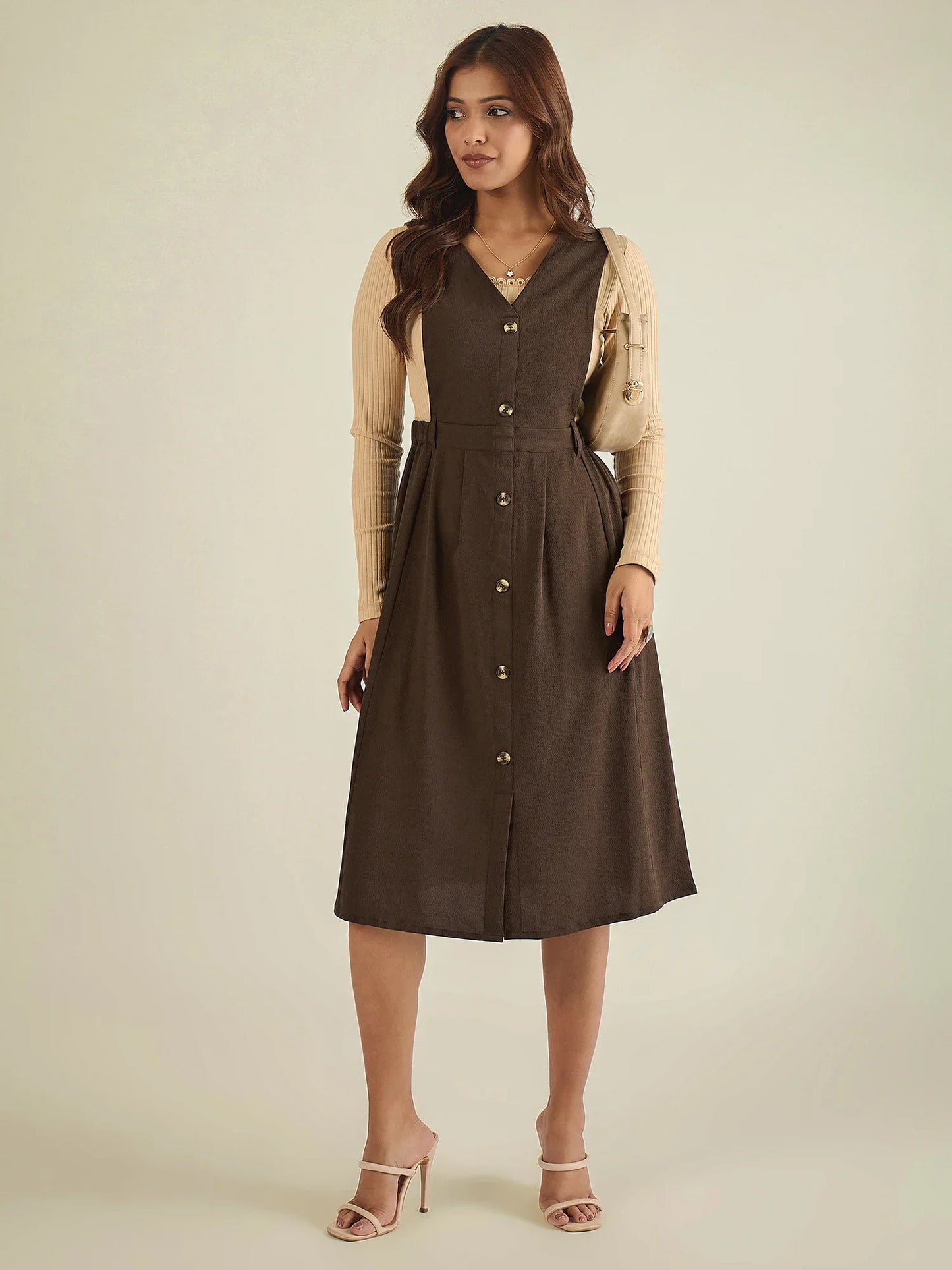 winered-women-brown-solid-pinafore-dress-with-button
