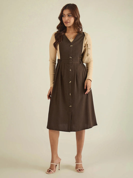 winered-women-brown-solid-pinafore-dress-with-button