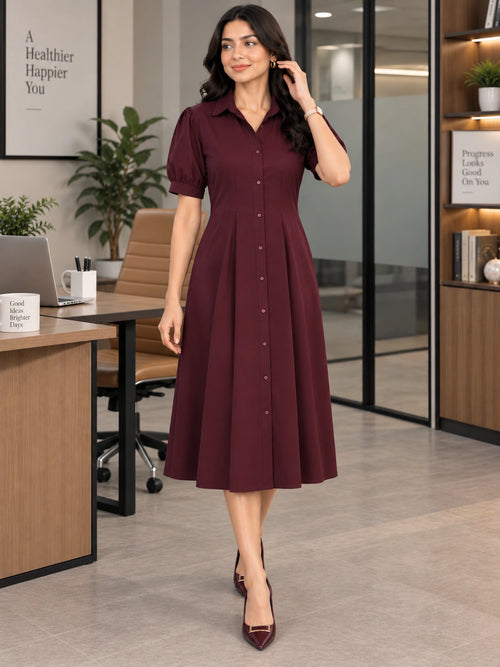 WineRed Women's Burgundy Self Design Shirt Collar Puff Sleeve Fit & Flare Midi Dress