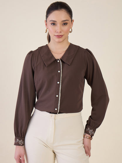 Women Brown Embroidered Cuff Shirt