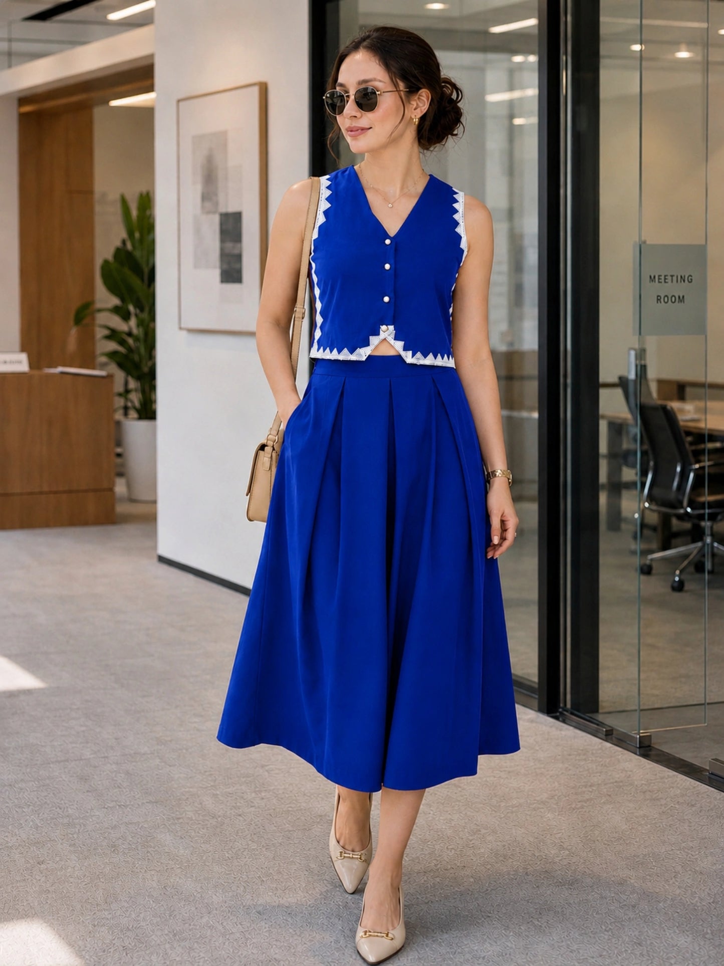 Women Blue Sleeveless Top & Midi Skirt Co-ord Set
