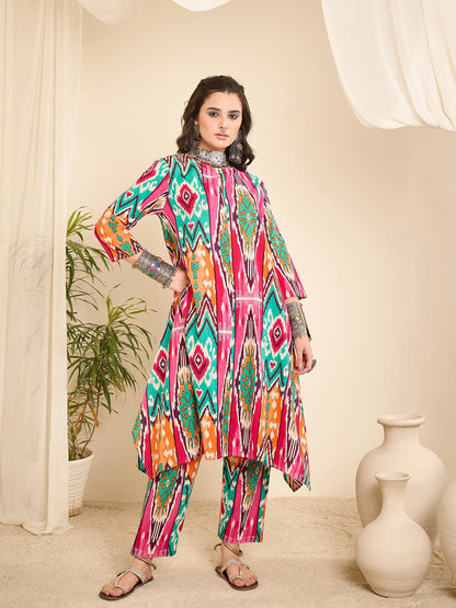 women-ikat-printed-aysmmetric-bottom-co-ord-set