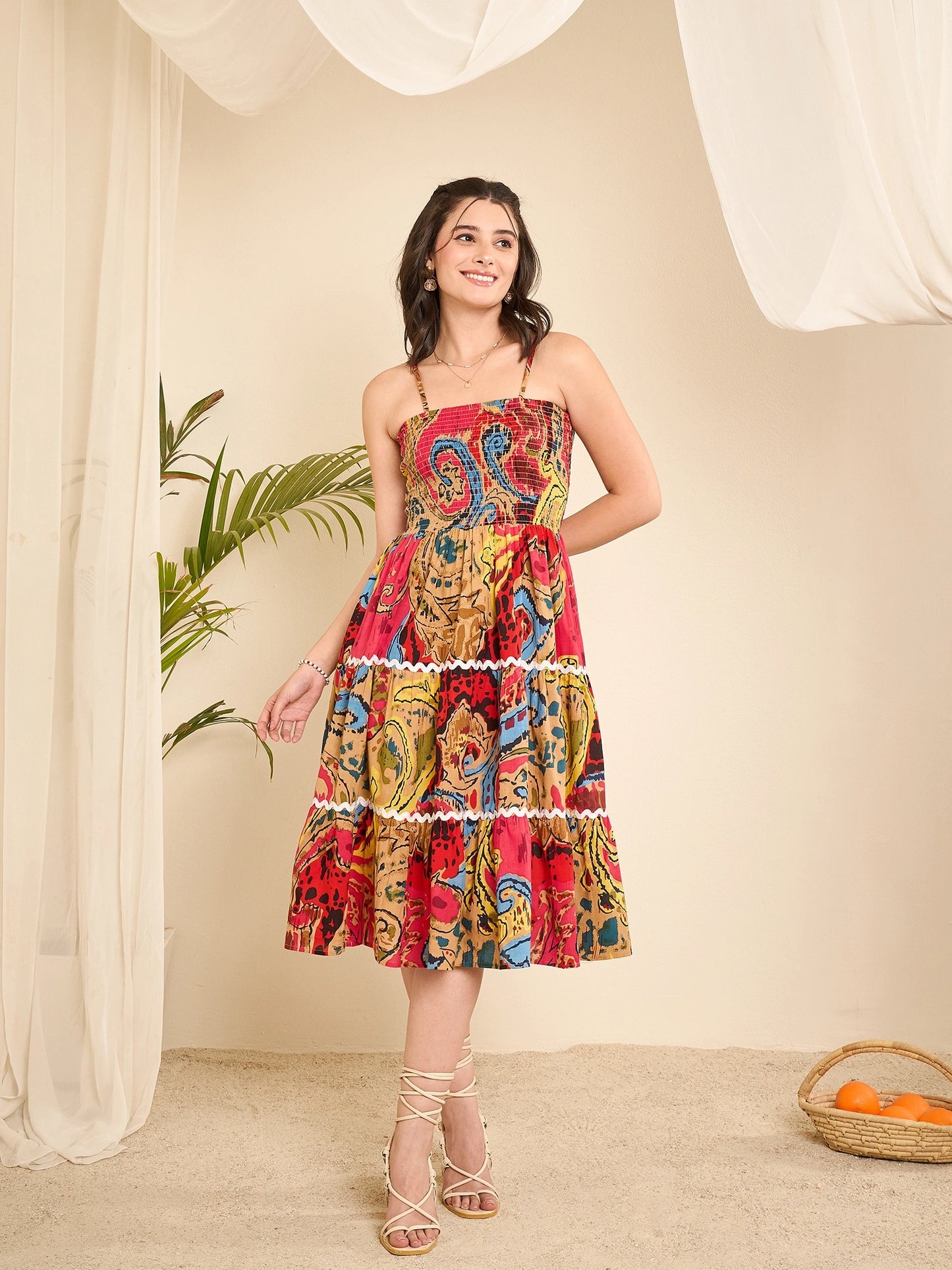 Abstract Printed Smocking Tiered Dress