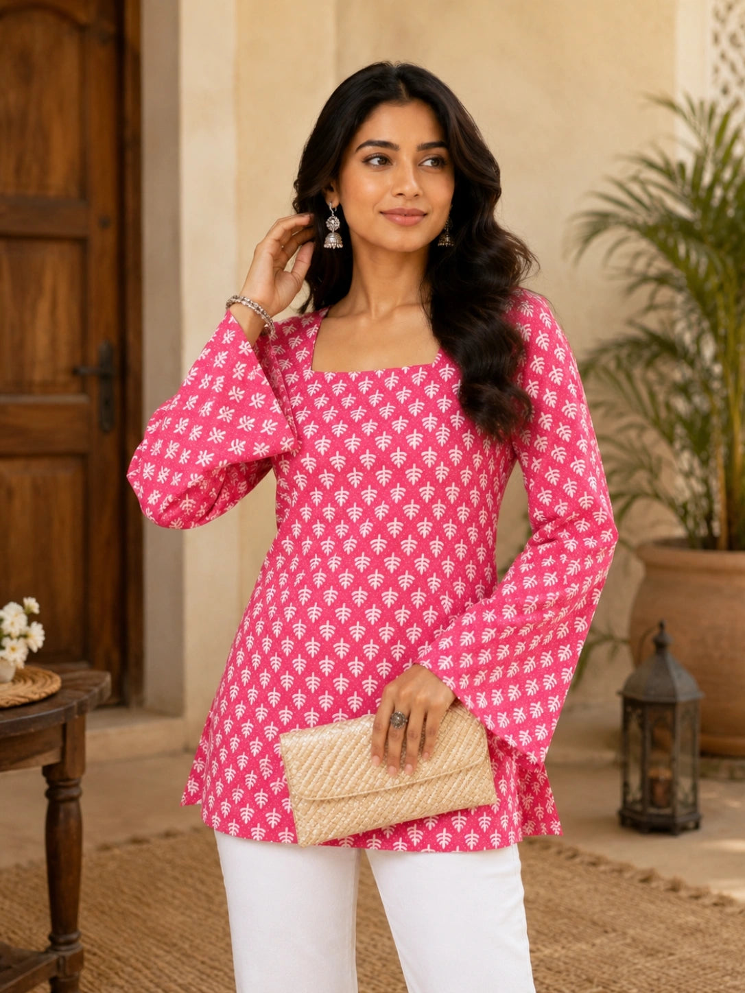 Women's Pink Printed Corset Style Kurti with Square Neck, Full Bell Sleeves and Adjustable Back Tie-Up for Casual Wear