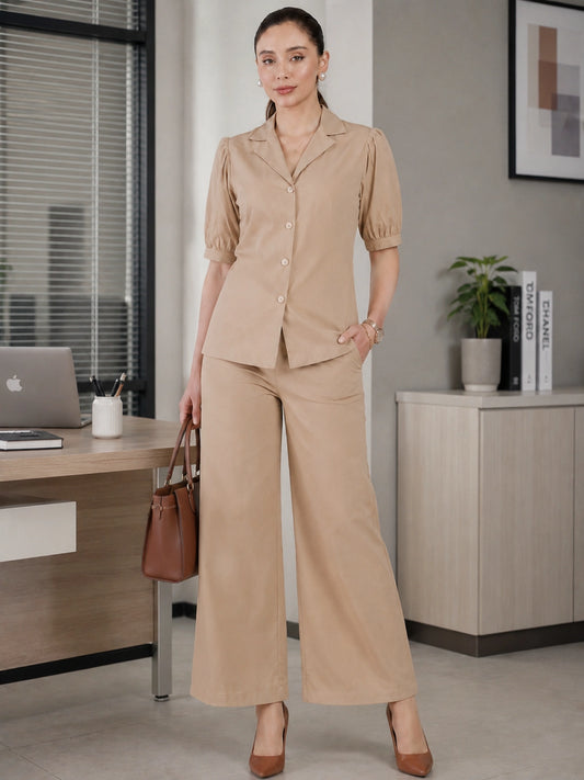 Women Beige Puff Sleeves Co-ord Set