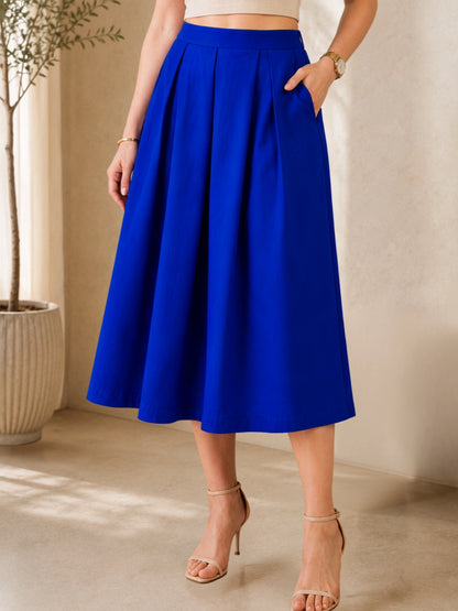 Women Solid Pleated Flared Midi Skirt