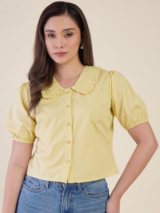 Women Yellow Ruffle Collar Puff Sleeve Top