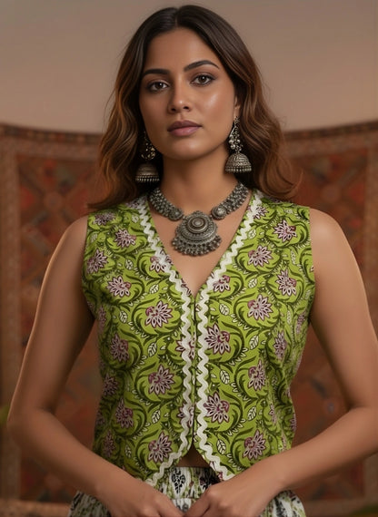 Women Green Lace Detailing Waistcoat Top