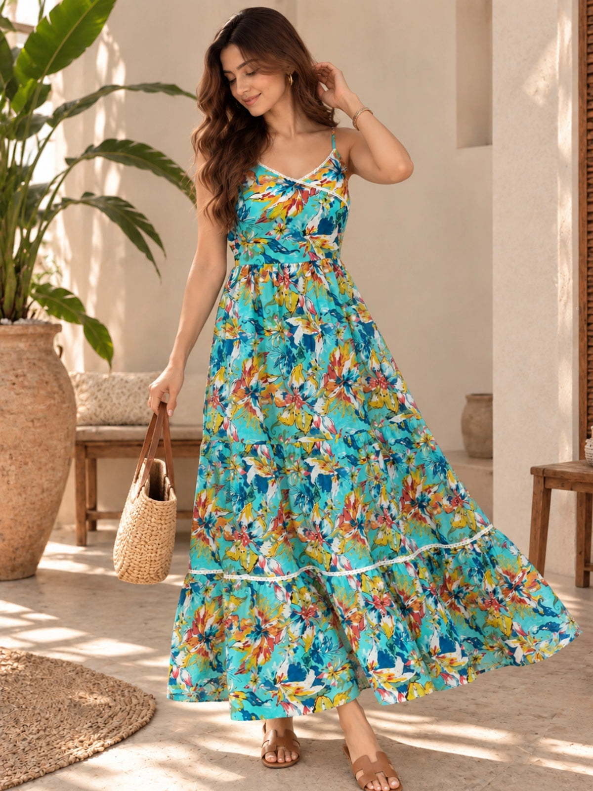 WineRed Women's Floral Printed Shoulder Strap Fit & Flare Maxi Dress | Casual Summer Vacation Wear
