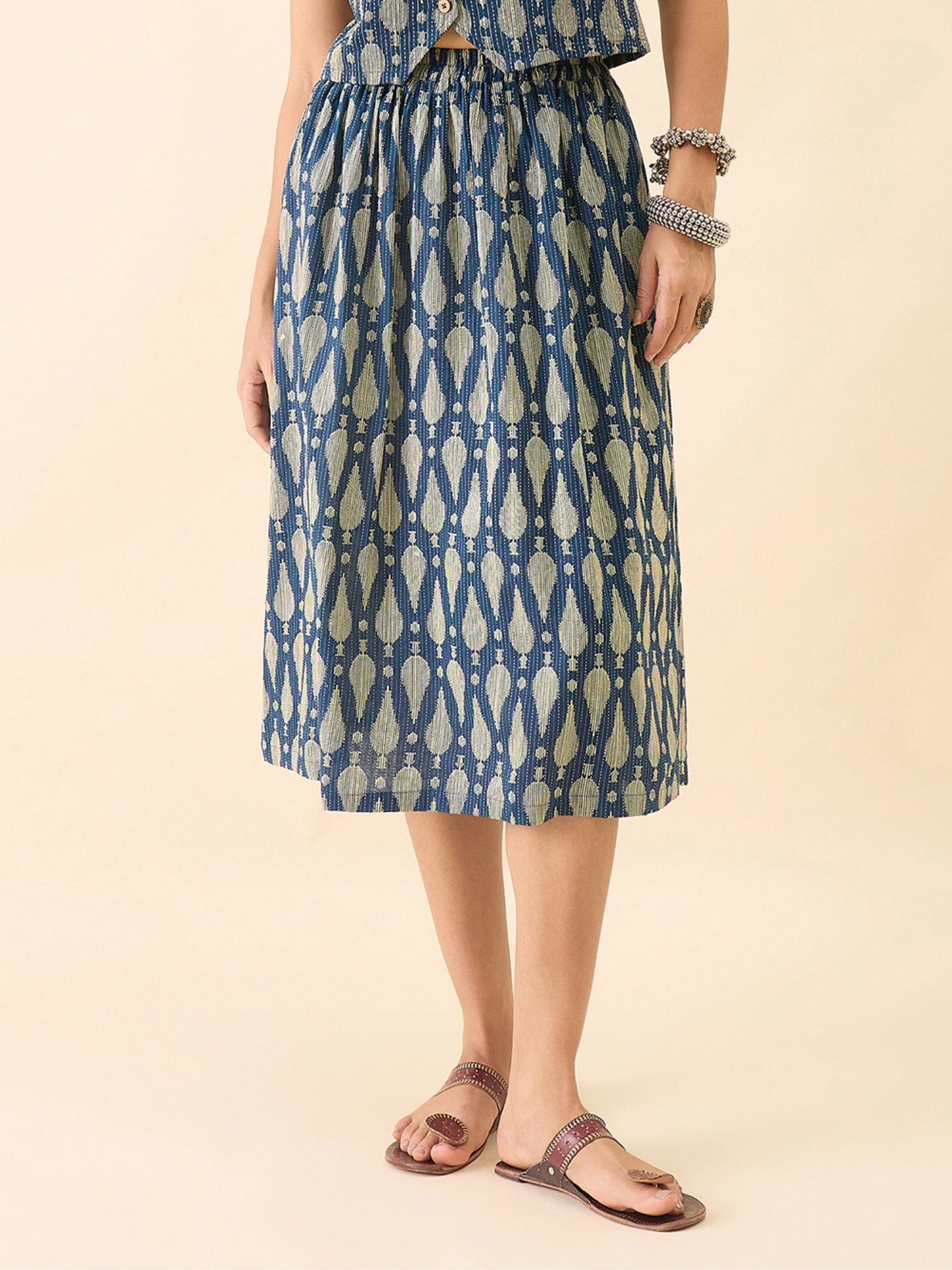 Women's Blue Ikat Printed Flared Midi Skirt with Elasticated Waistband