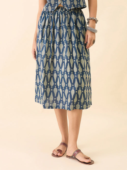 Women's Blue Ikat Printed Flared Midi Skirt with Elasticated Waistband