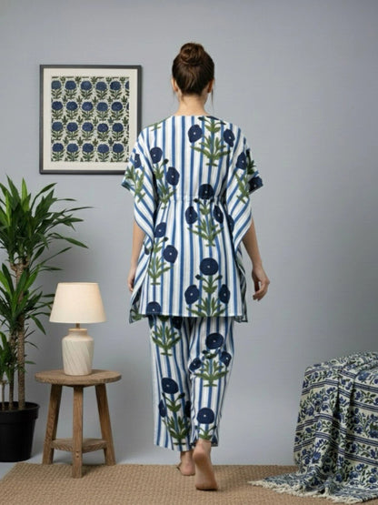 Women Blue Floral Kaftan Night-Suit Set