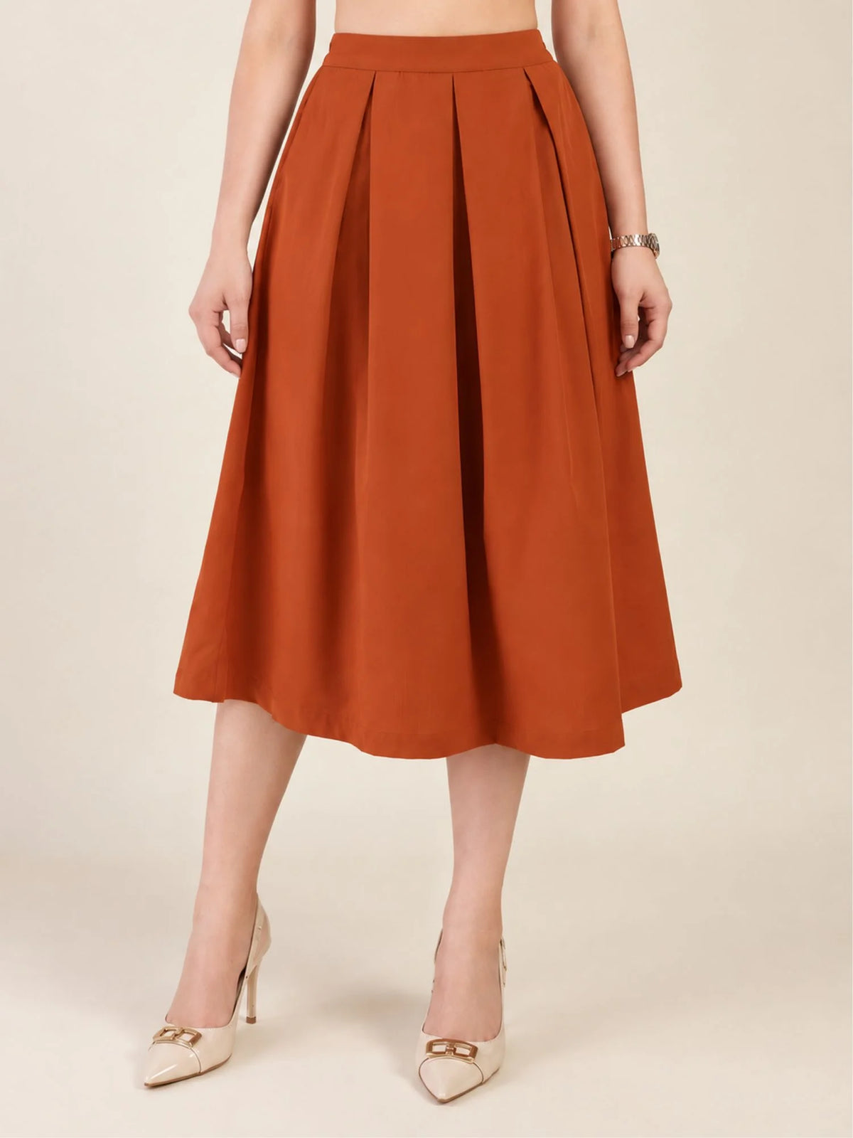 Women Solid Pleated Midi Skirt