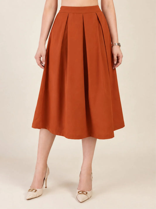 Women Solid Pleated Midi Skirt