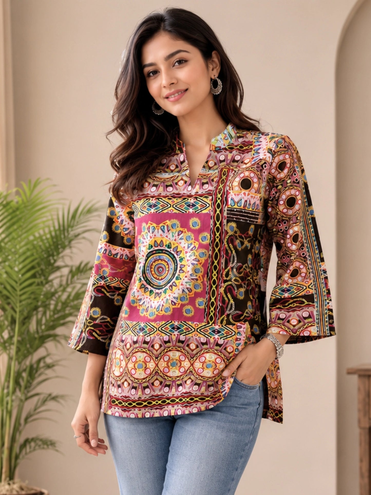 Women Multicolor Ethnic Printed Cotton Short Kurti with 3/4th Straight Sleeves