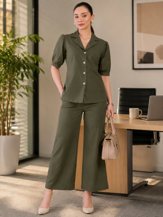 Women Olive Green Puff Sleeves Co-ord Set