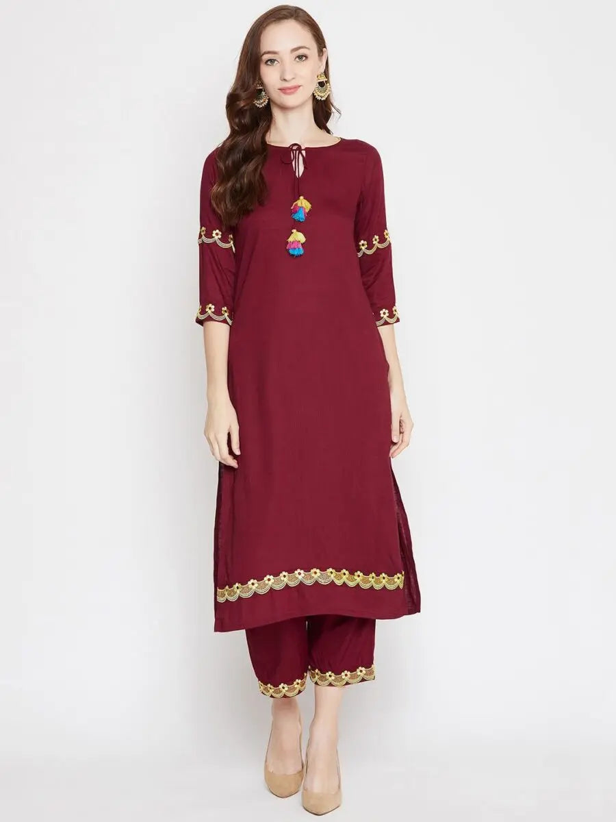 winered-maroon-straight-rayon-embroidered-kurta-and-palazzo-set