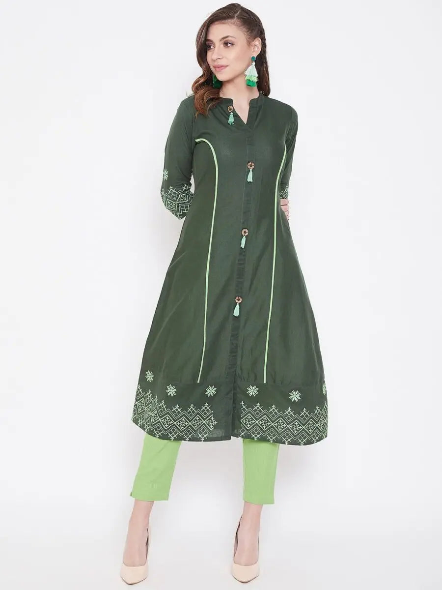 winered-dark-green-a-line-cotton-embroidered-kurta