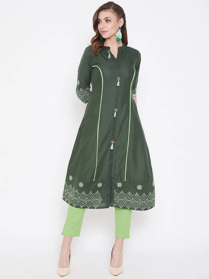 winered-dark-green-a-line-cotton-embroidered-kurta