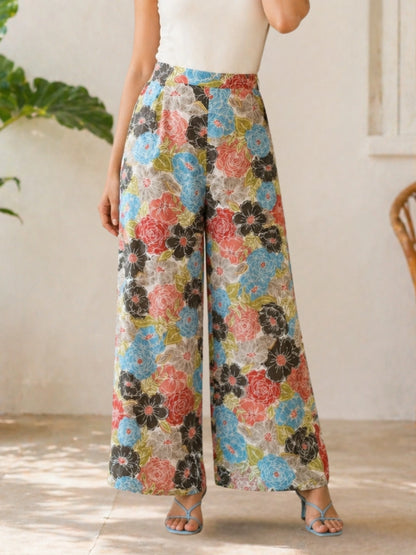 Women Multicolor Floral Print Mid-Rise Wide Leg Trousers