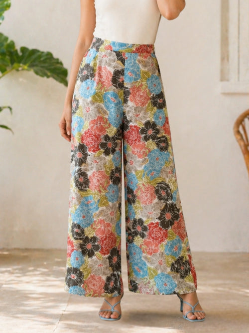 Women Multicolor Floral Print Mid-Rise Wide Leg Trousers