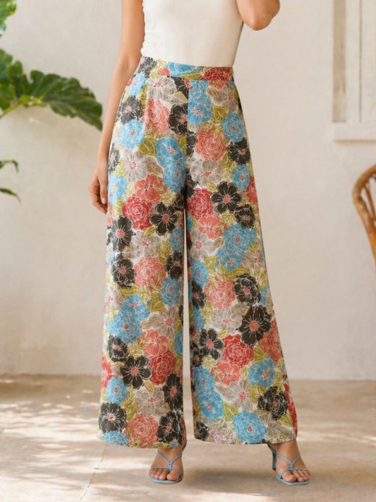 Women Multicolor Floral Print Mid-Rise Wide Leg Trousers