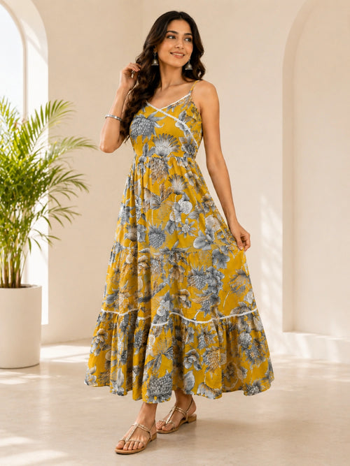WineRed Women's Floral Printed Shoulder Strap Tiered Maxi Dress | Casual Summer Vacation Wear