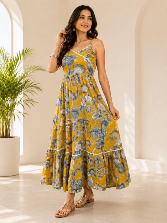 WineRed Women's Floral Printed Shoulder Strap Tiered Maxi Dress | Casual Summer Vacation Wear