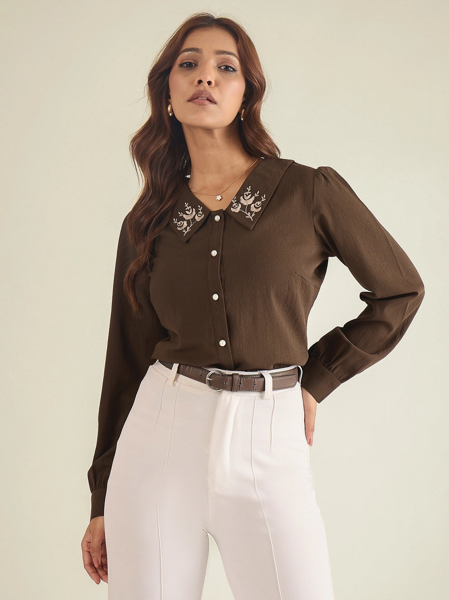 winered-women-brown-collared-shirt-with-contrast-embriodery