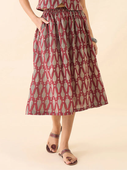 Women's Maroon Ikat Printed Flared Midi Skirt with Elasticated Waistband