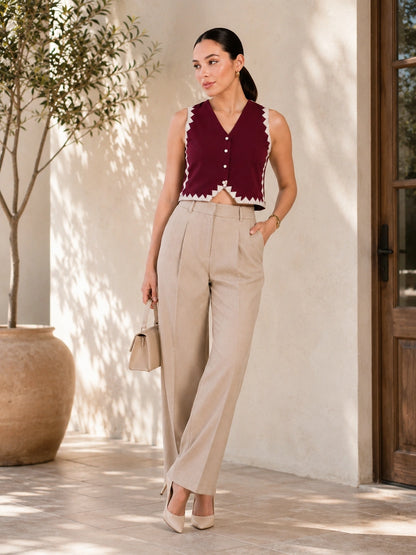 Women Solid Sleeveless V-Neck Lace Detail Waistcoat