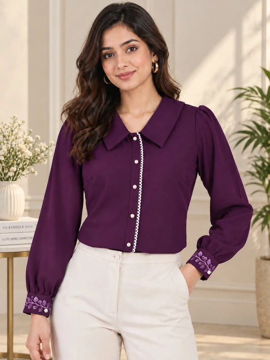 Women Purple Cuff Embroidered  Shirt