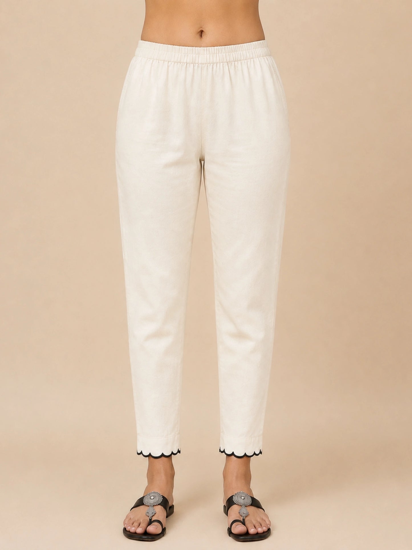 Women Off-White Scalloped Hem Straight Pants