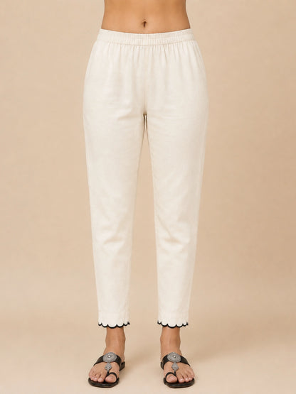 Women Off-White Scalloped Hem Straight Pants