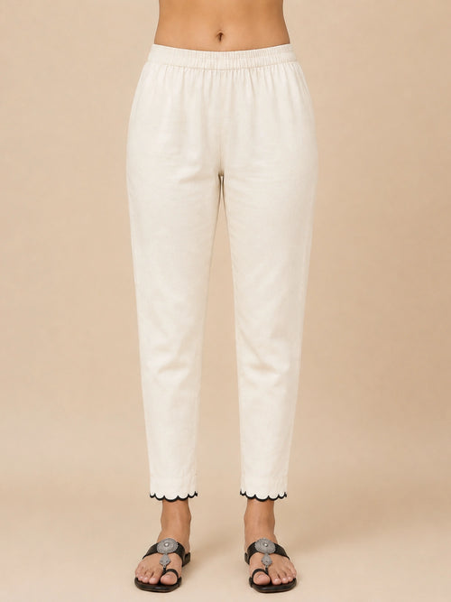 Women Off-White Scalloped Hem Straight Pants