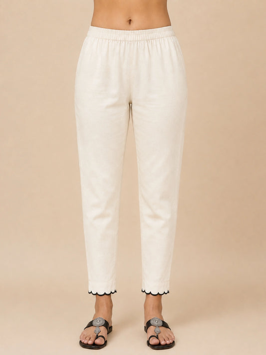 Women Off-White Scalloped Hem Straight Pants