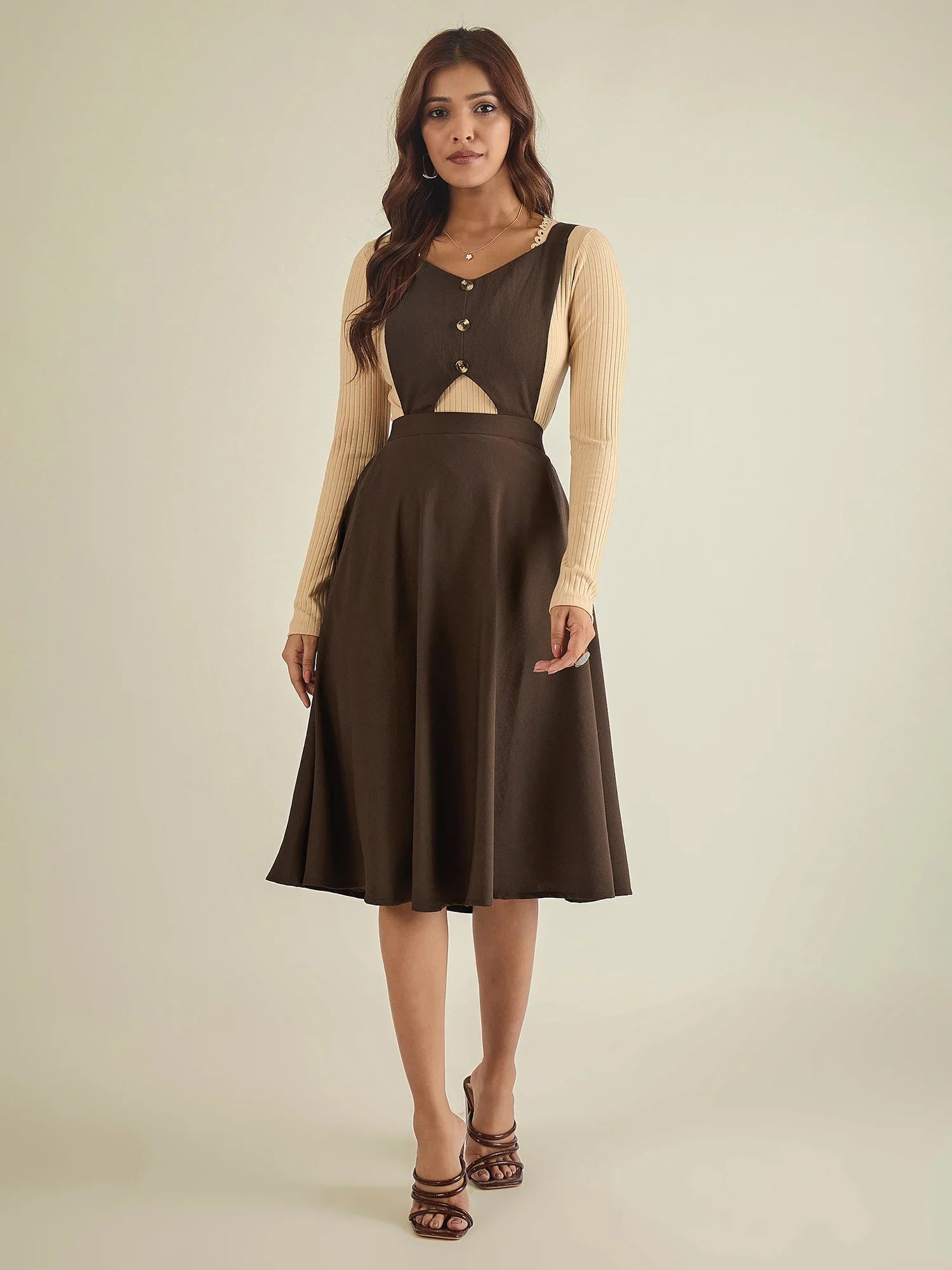 winered-women-brown-pinafore-flared-dress