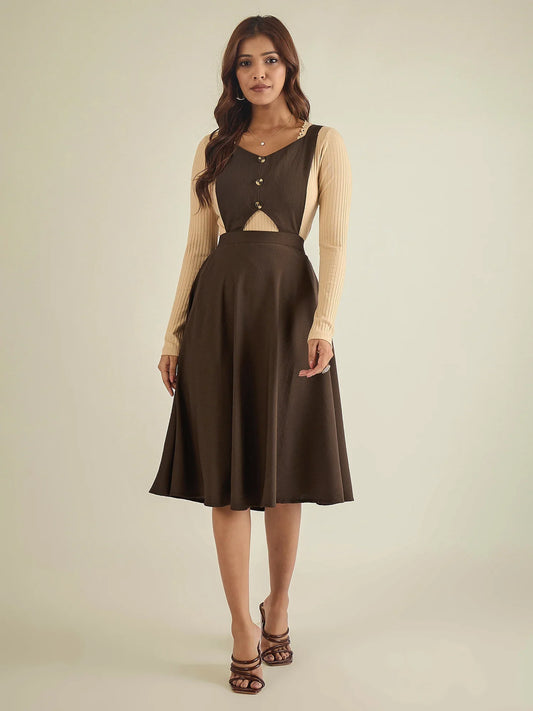 winered-women-brown-pinafore-flared-dress