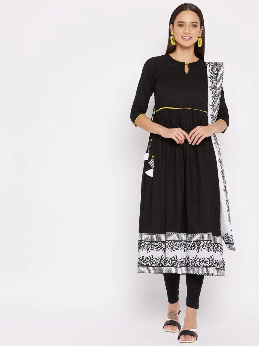 winered-black-flared-kurta-cotton-solid-kurta-and-dupatta-set