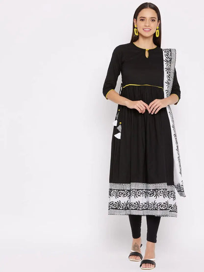 winered-black-flared-kurta-cotton-solid-kurta-and-dupatta-set