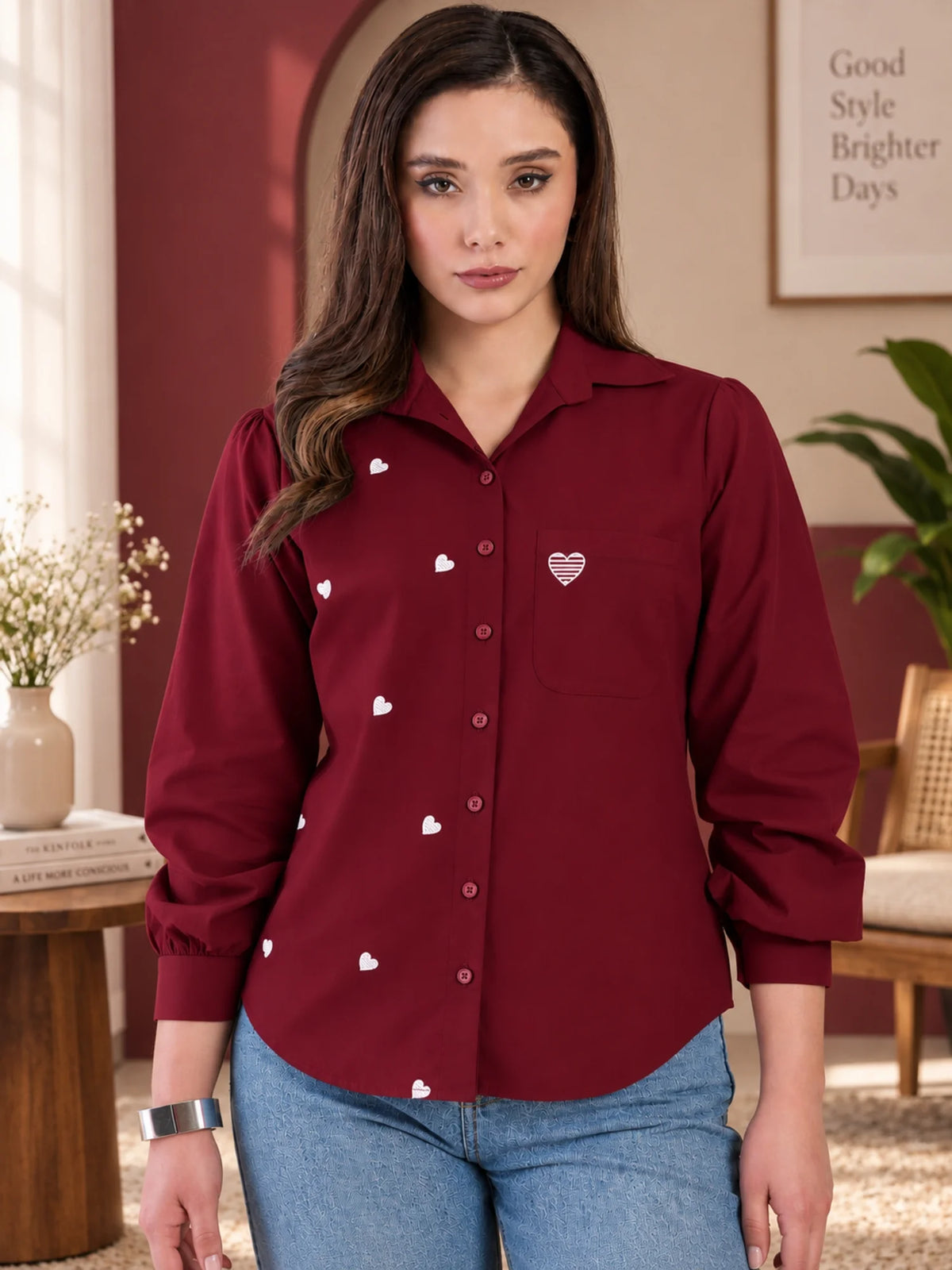 Women Burgundy Heart Embroidered Casual Shirt