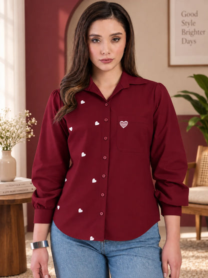 Women Burgundy Heart Embroidered Casual Shirt
