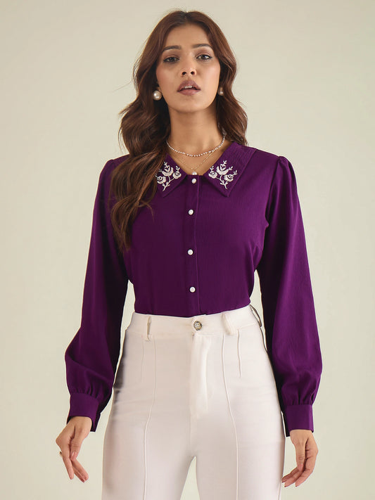 winered-women-purple-collared-shirt-with-contrast-embriodery