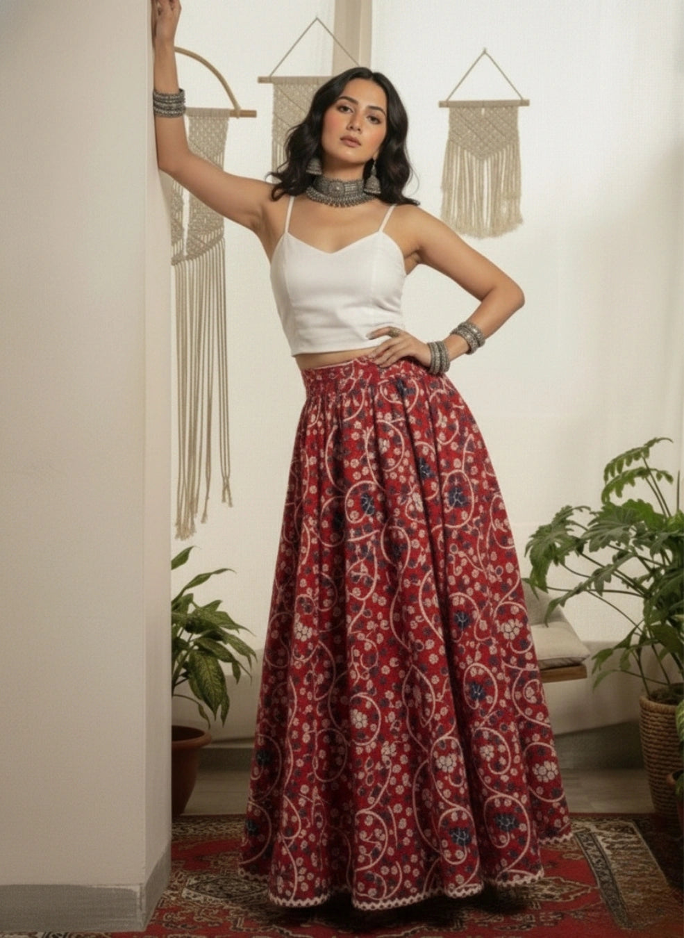 Women Red Ethnic Printed Cotton Maxi Skirt