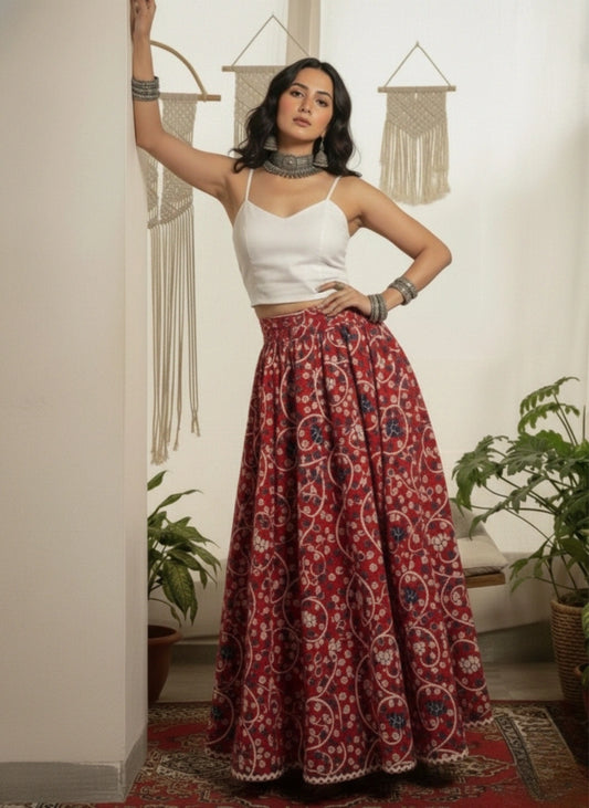 Women Red Ethnic Printed Cotton Maxi Skirt