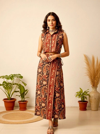 Women's Ethnic Printed Sleeveless Crop Shirt & Tie-Up Wrap Skirt Set